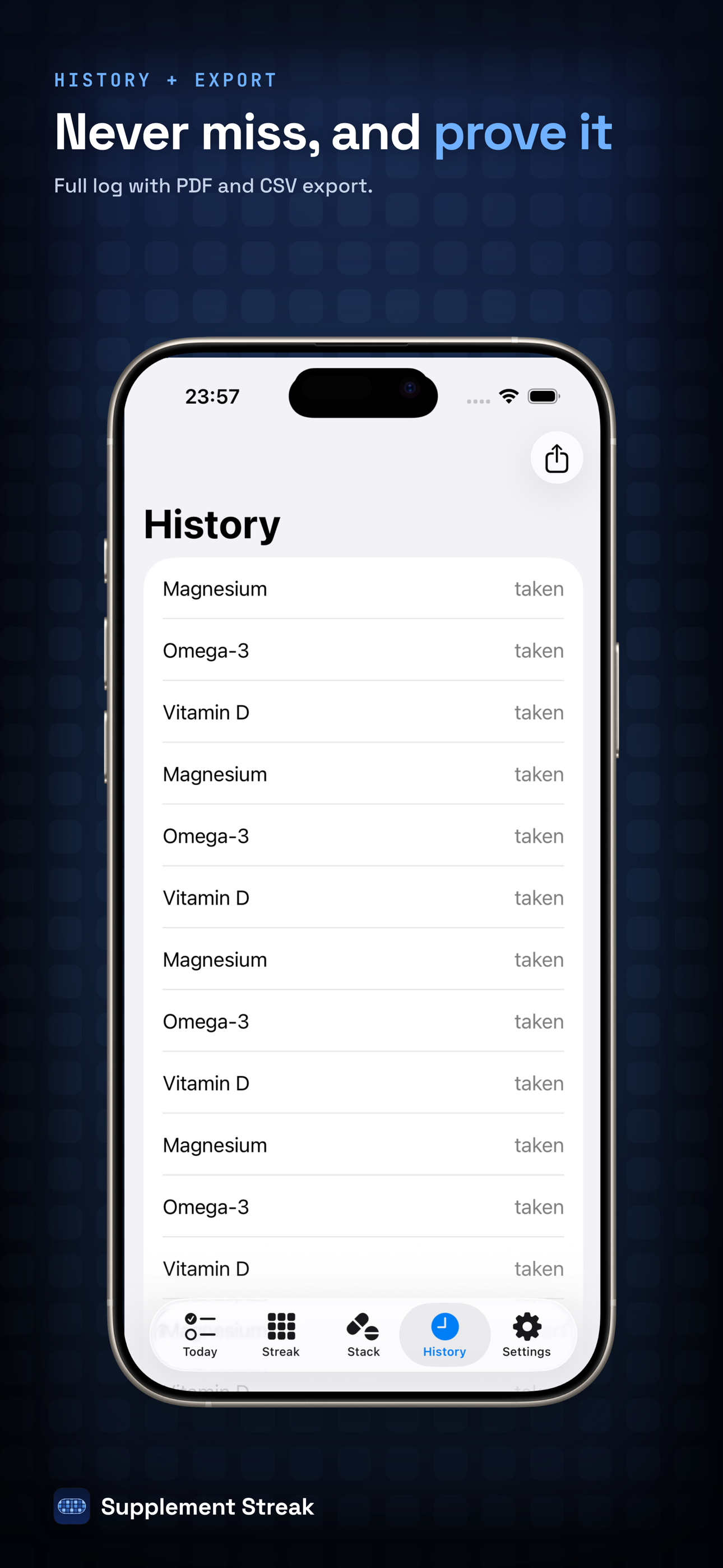 History screen with full log and PDF and CSV export