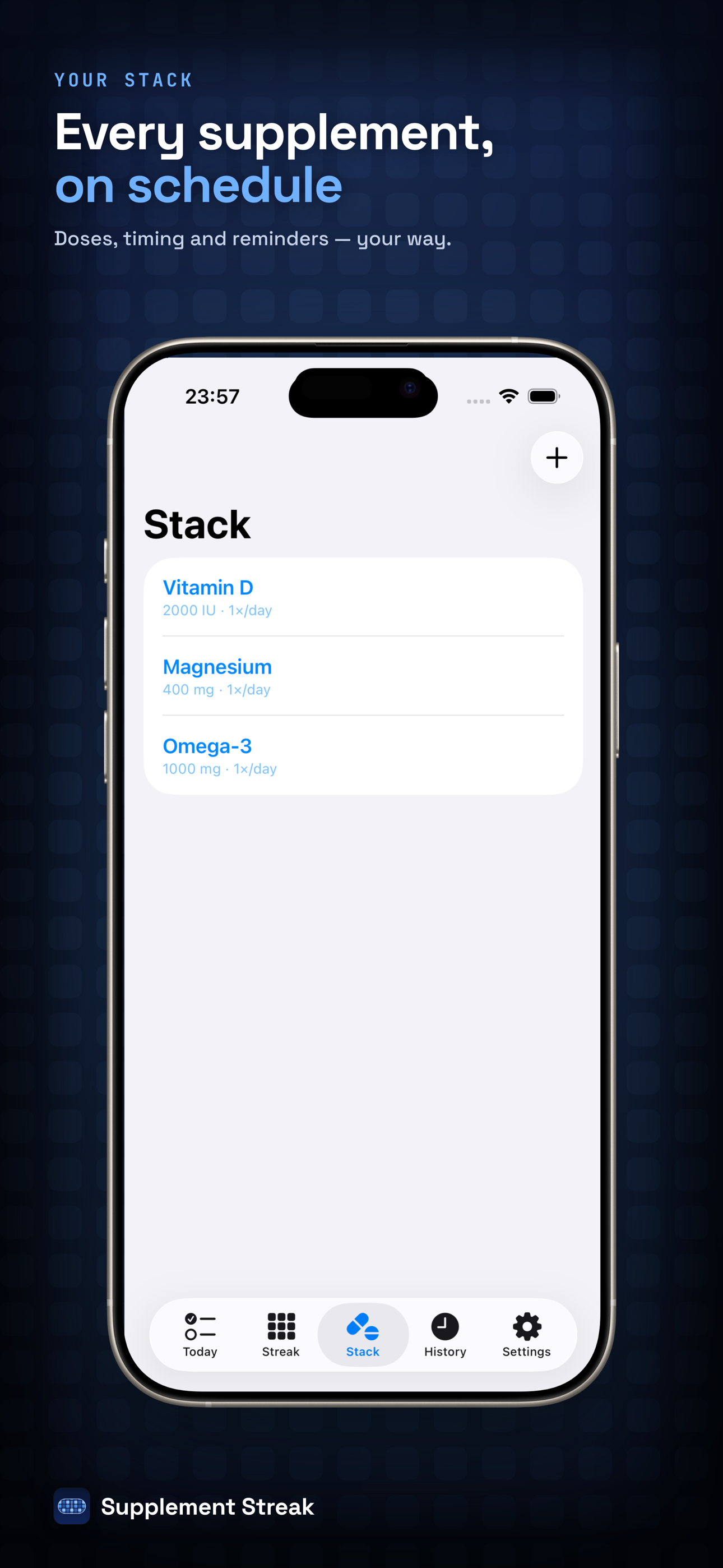 Stack screen showing supplement doses and timing