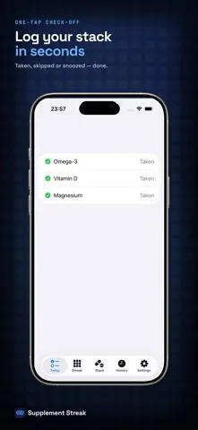 The Today screen listing Omega-3, Vitamin D and Magnesium, each with a green check and the label Taken.